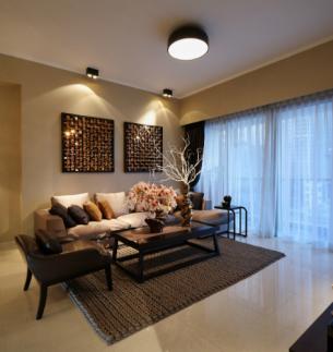 Fabric design theme adds warmth to the show flat living room